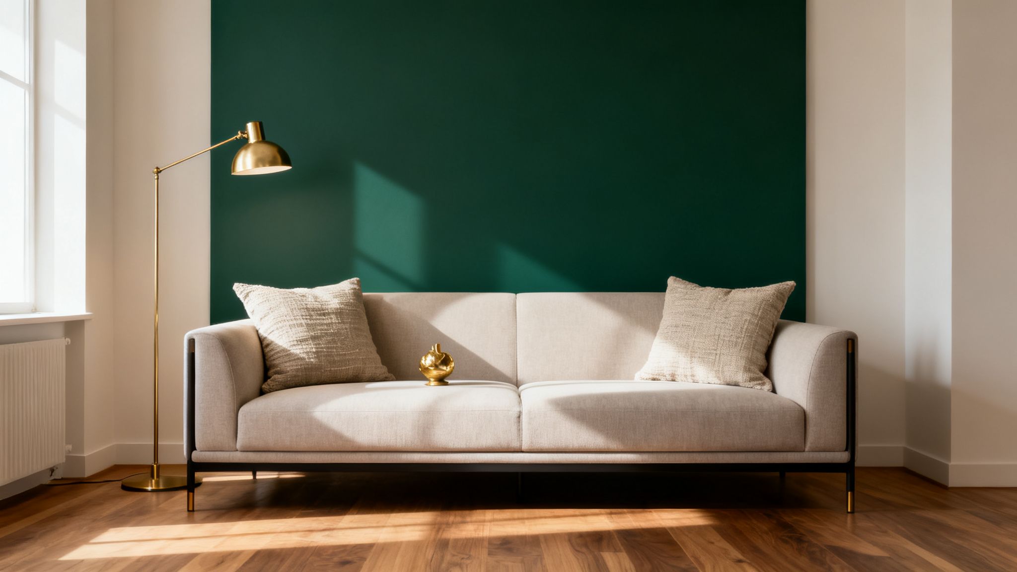 Beżowa sofa z poduszkami na tle ciemnozielonej ściany akcentowej, ze złotą lampą podłogową i drewnianą podłogą, oświetlona słońcem.