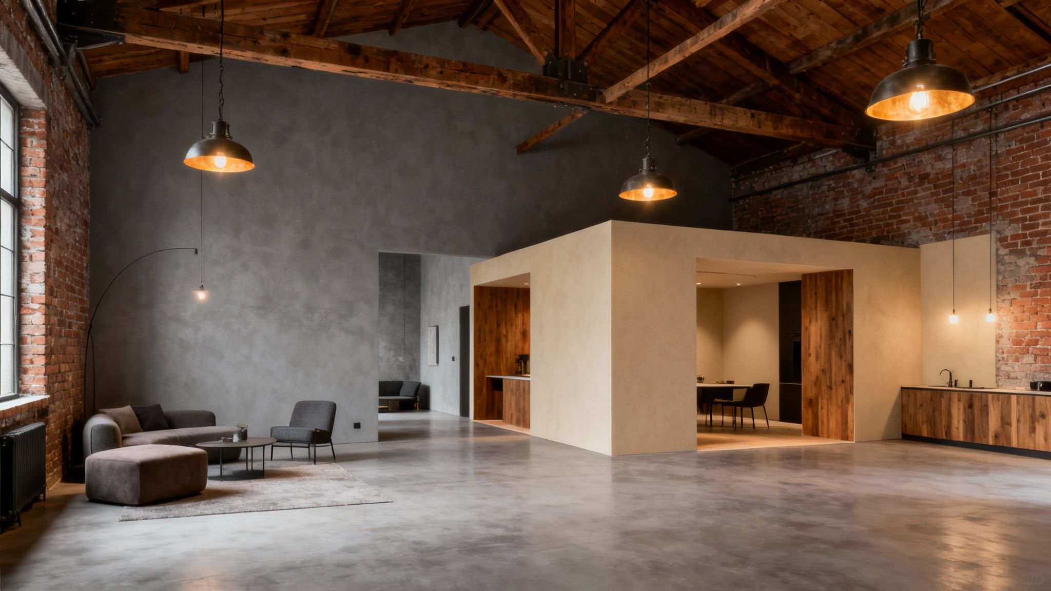 Przestronny loft z wysokim sufitem, drewnianymi belkami, strefą dzienną i otwartą kuchnią w industrialnym stylu.