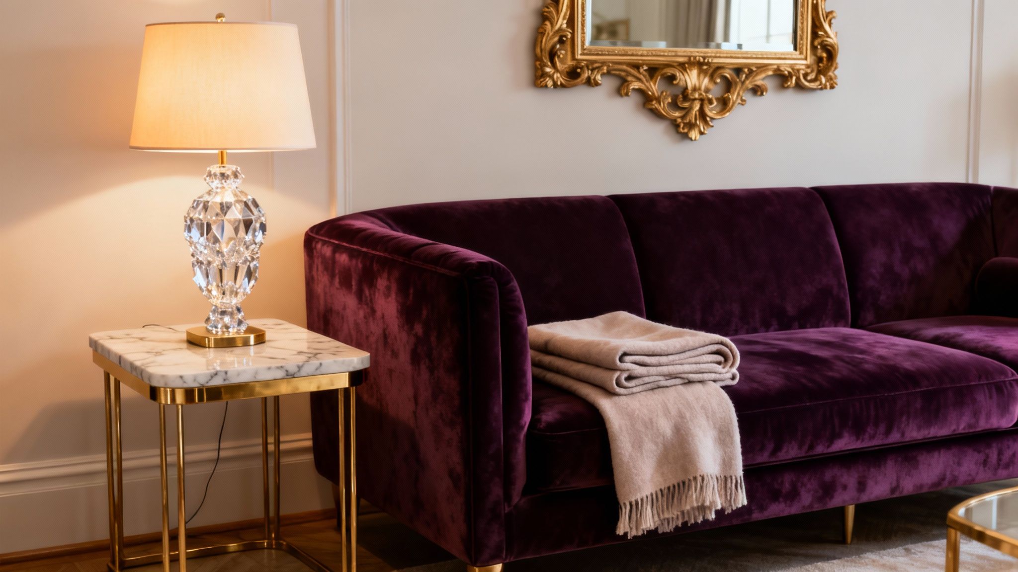 Luksusowy salon z fioletową aksamitną sofą, złotym stolikiem i kryształową lampą. Elegancki wystrój wnętrza.