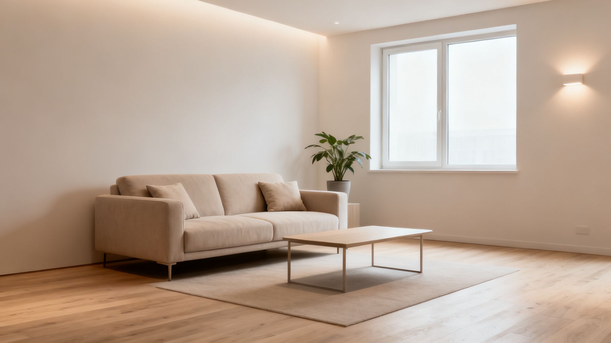 Nowoczesny, minimalistyczny salon z beżową sofą, stolikiem kawowym, rośliną i oknem, oświetlony ciepłym światłem.