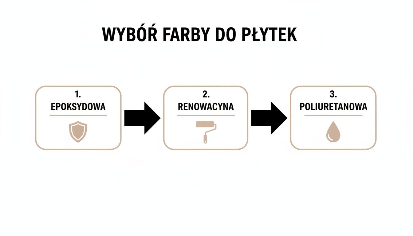 Diagram przedstawiający wybór farby do płytek w trzech krokach: epoksydowa, renowacyjna i poliuretanowa.