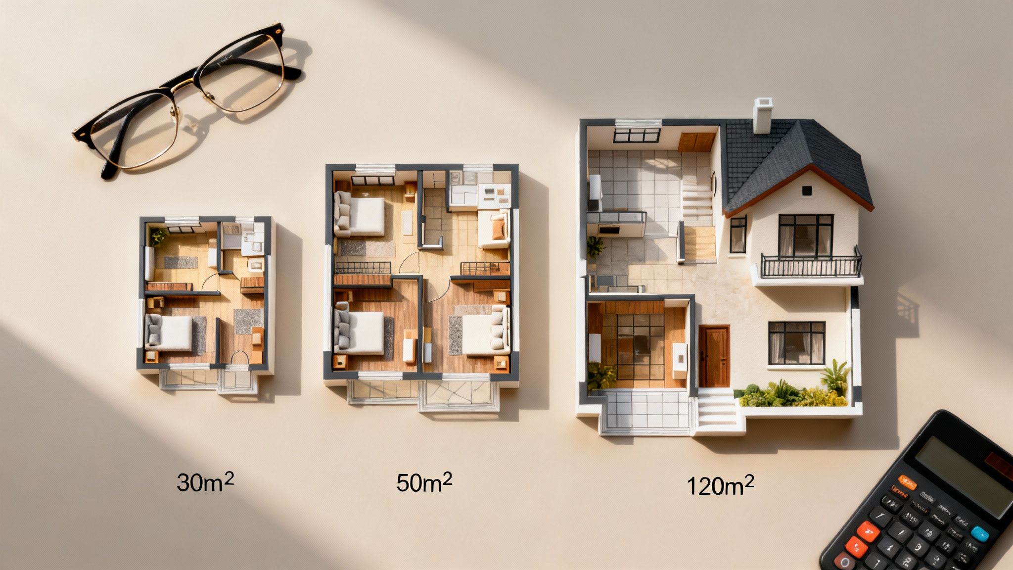 Trzy modele domów o różnej powierzchni (30, 50, 120 m²), okulary i kalkulator na jasnym tle.