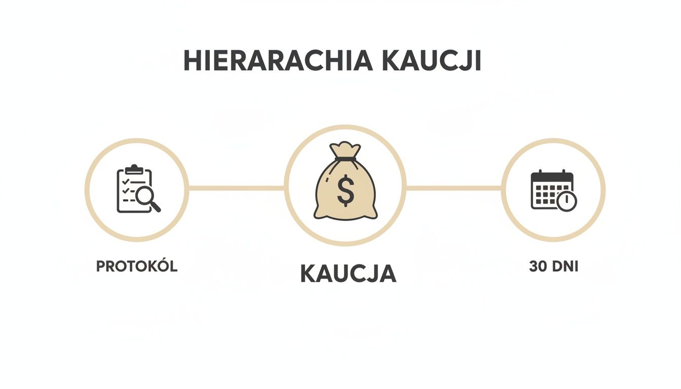 Grafika przedstawiająca hierarchię kaucji, z elementami: protokół, symbol kaucji (worek pieniędzy) i termin 30 dni.
