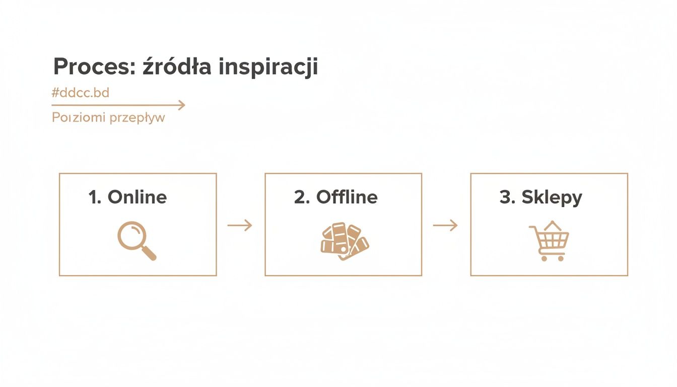 Schemat procesu przedstawiający źródła inspiracji: online (lupa), offline (paleta barw) i sklepy (koszyk). Strzałki wskazują przepływ między etapami.
