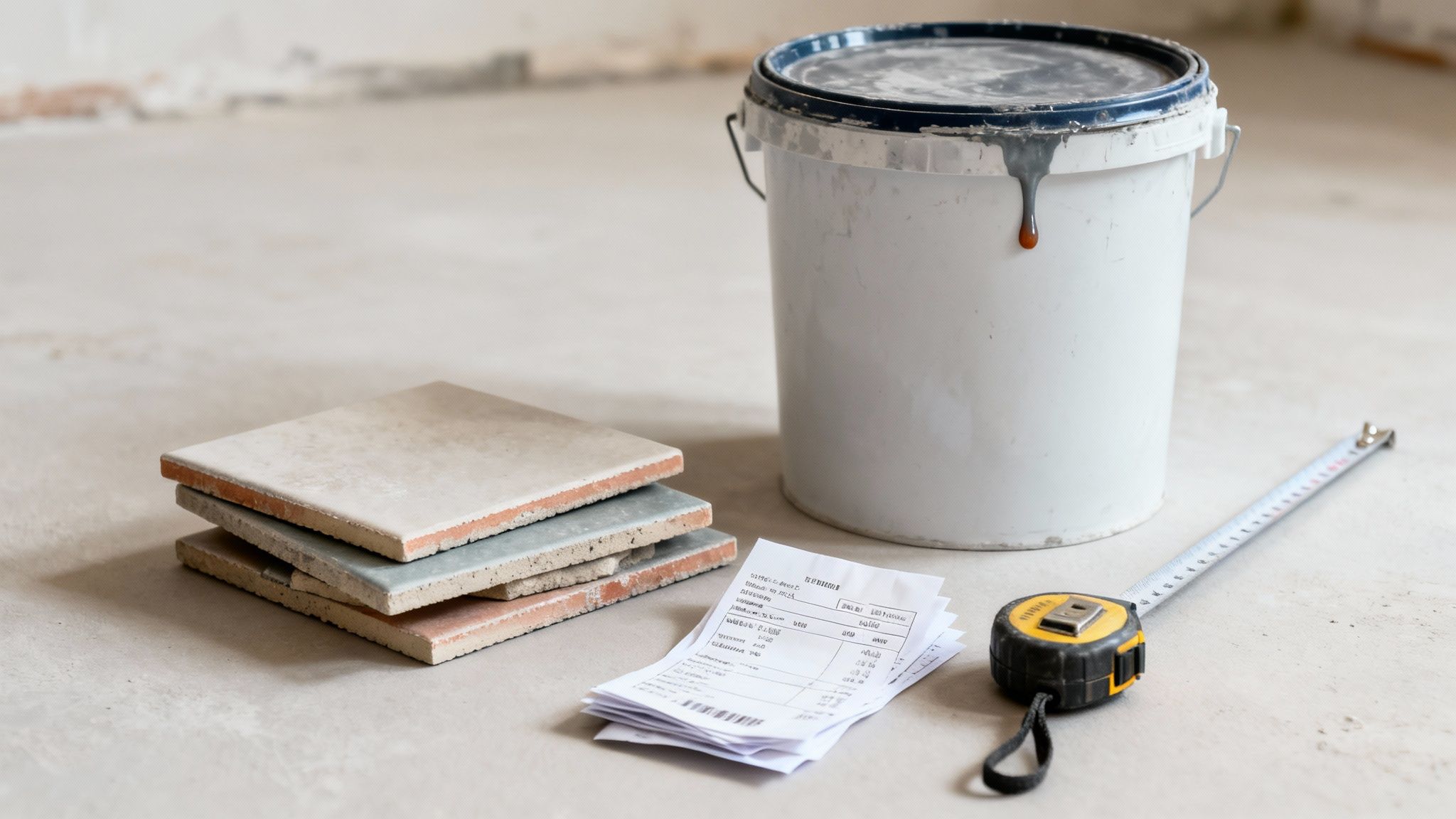 Materiały budowlane do remontu: płytki ceramiczne, wiadro z farbą, taśma miernicza i rachunki na betonowej posadzce.