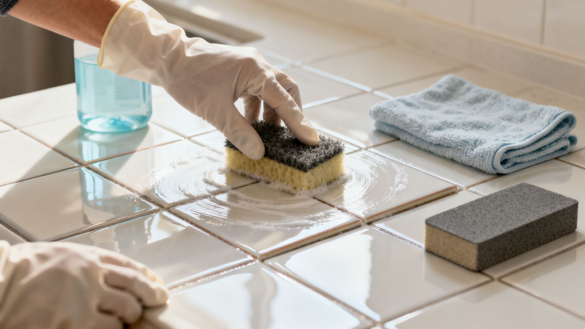 Ręka w białej rękawiczce szoruje białe płytki ceramiczne gąbką z pianą, obok leży niebieski ręcznik i butelka ze środkiem czyszczącym.
