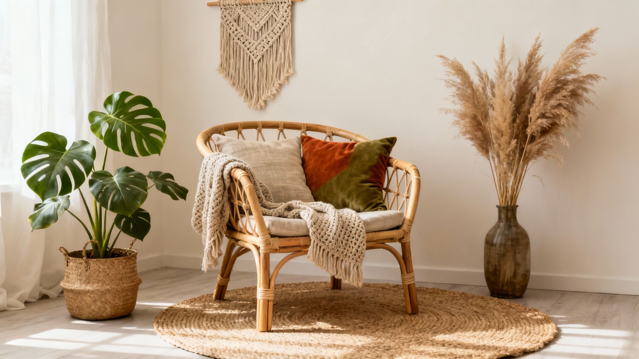 Przytulny kącik z fotelem rattanowym, rośliną monstera, makramą i trawą pampasową, emanujący stylem boho.