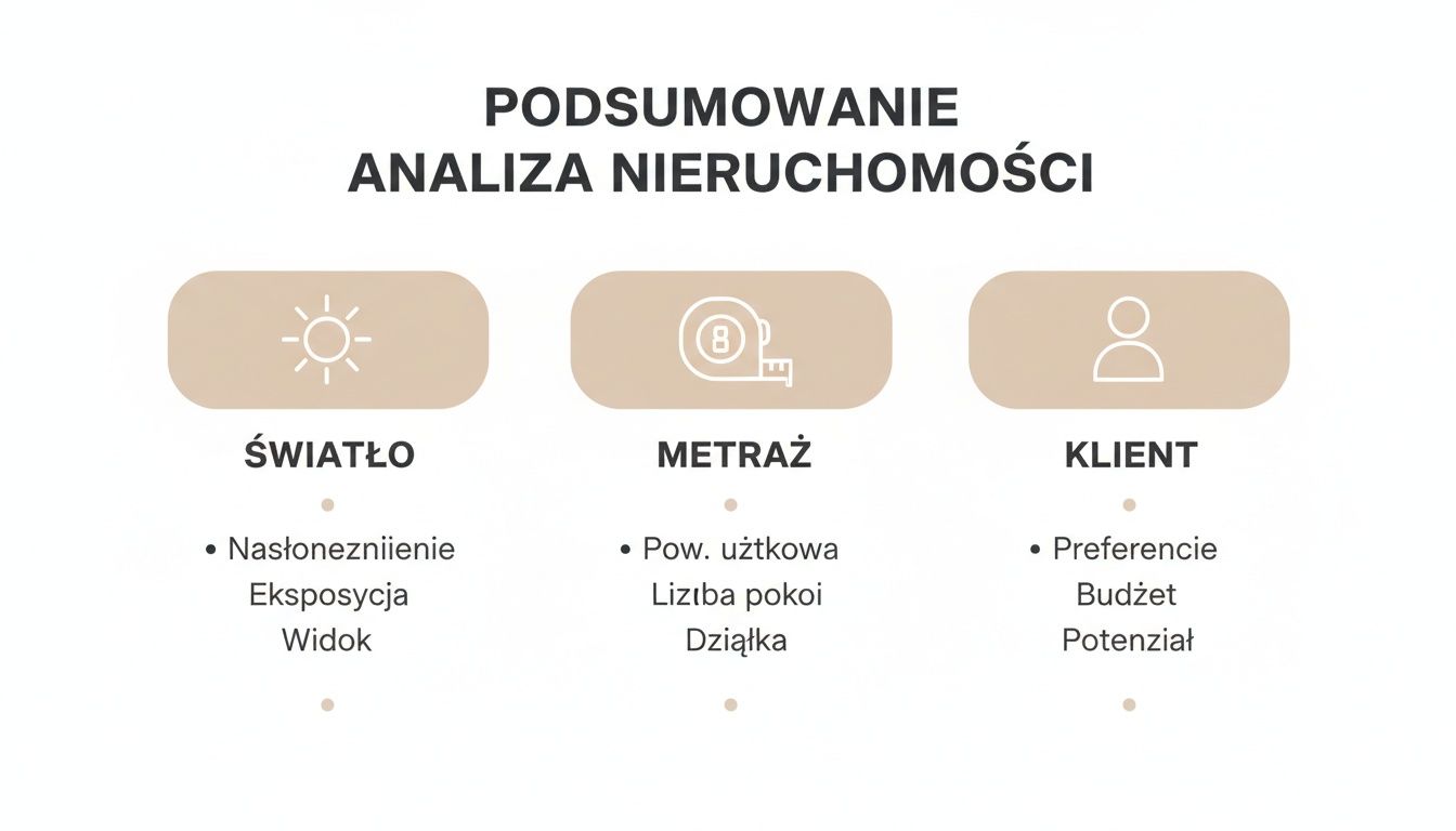 Infografika przedstawiająca podsumowanie analizy nieruchomości, z podziałem na kluczowe aspekty: światło, metraż i potrzeby klienta.