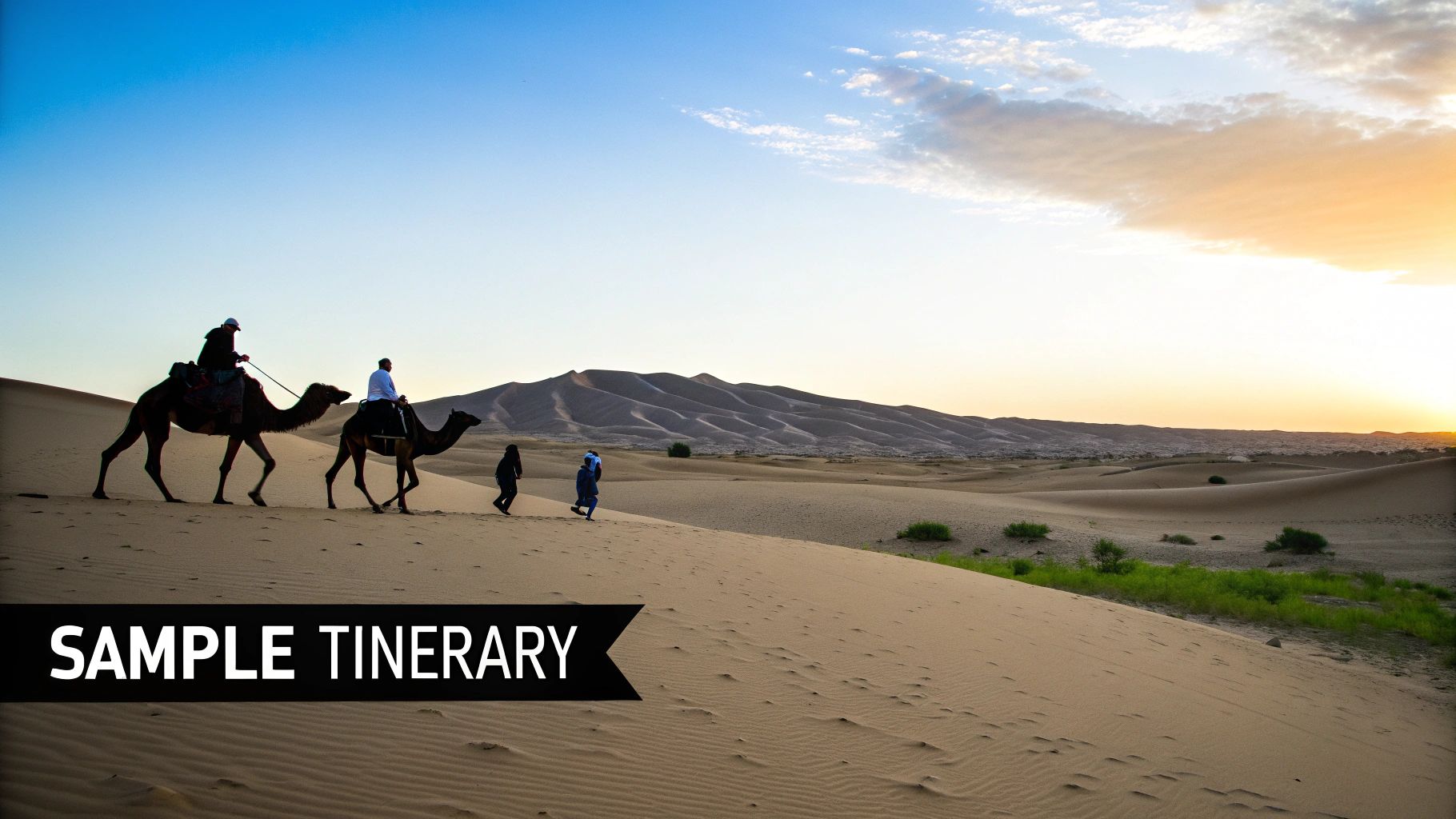 Camel caravan trekking through the Sahara desert dunes near Marrakech