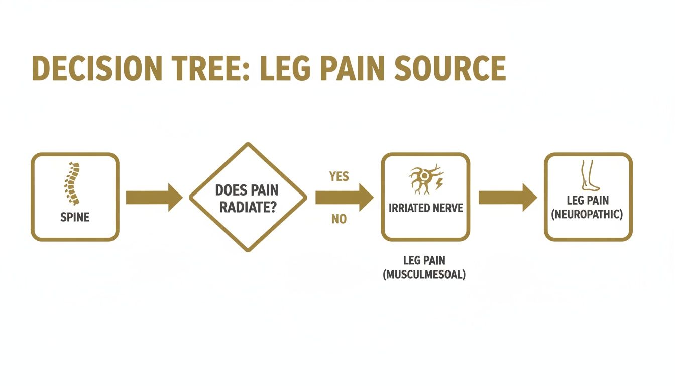 A decision tree flowchart illustrating the source of leg pain, differentiating between neuropathic and musculoskeletal pain.