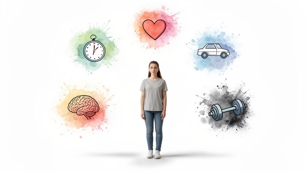 A woman stands among symbols representing time, love, wealth, intellect, and fitness.