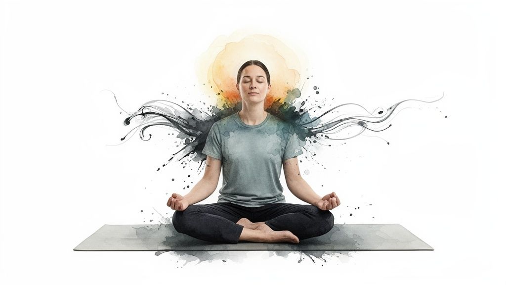 A person meditating on a yoga mat, eyes closed, surrounded by abstract watercolor splatters and an orange glow.