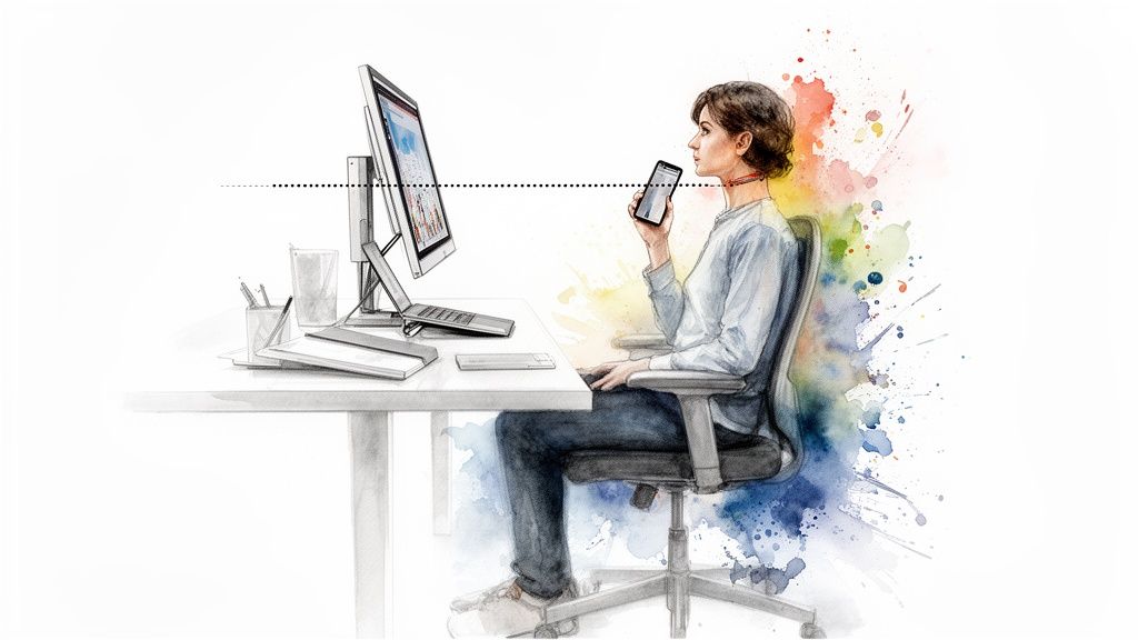 Watercolor illustration of a woman with good posture looking at a phone at a computer desk.