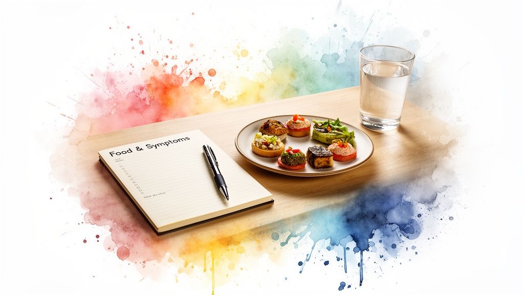 A food and symptoms diary with a pen, small colorful appetizers, and a glass of water on a table.