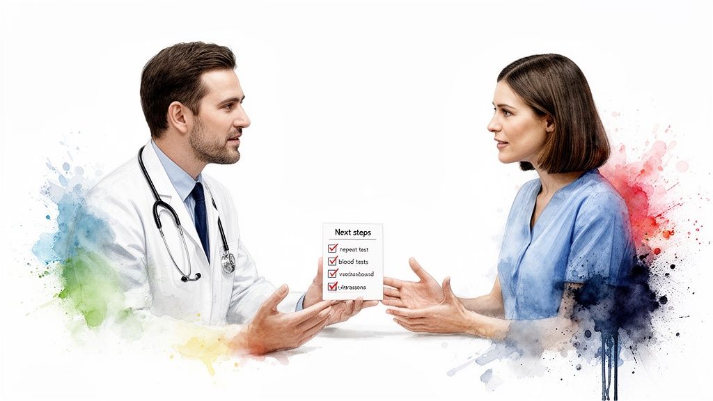 A doctor and a patient discuss medical next steps, including repeat tests, blood tests, and ultrasound.