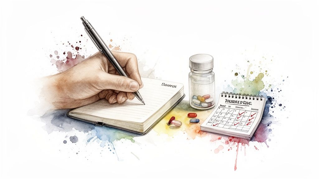 A watercolor illustration of a hand writing in a notebook next to a pill bottle and a medication calendar.