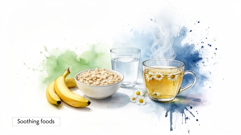 Watercolor illustration of soothing foods: bananas, oatmeal, water, and steaming chamomile tea.