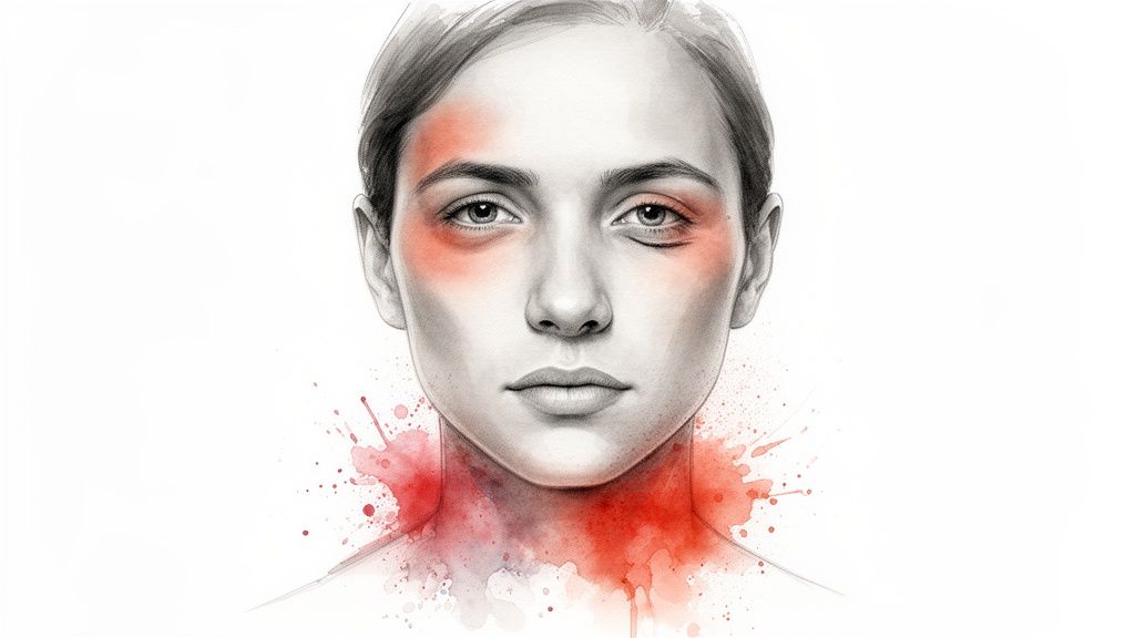 Watercolor drawing of a woman's face and neck with red splashes, suggesting pain or inflammation.