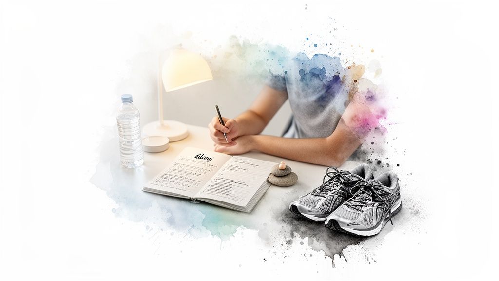Person writing in a notebook at a desk with running shoes, water bottle, and lamp.