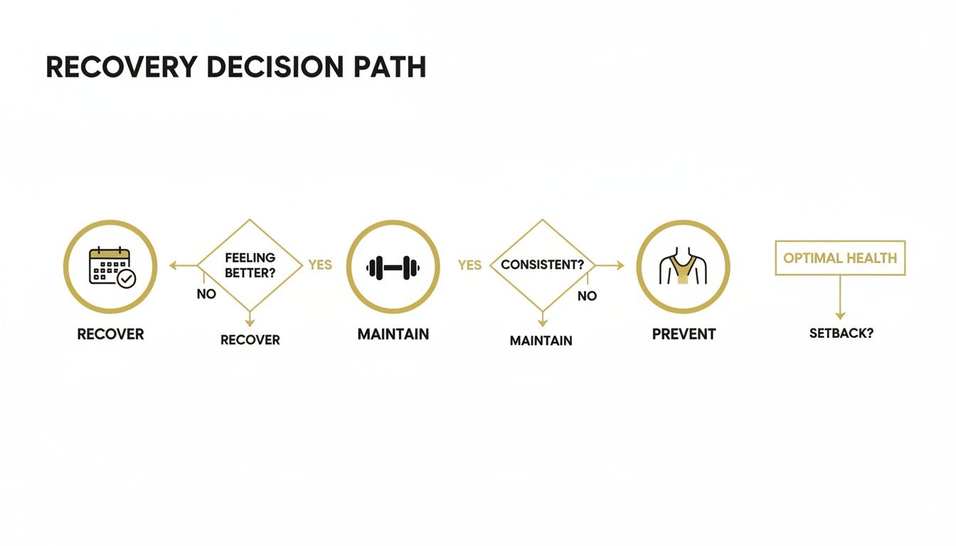 A flowchart outlines the recovery decision path for health, including recovery, maintenance, and prevention.