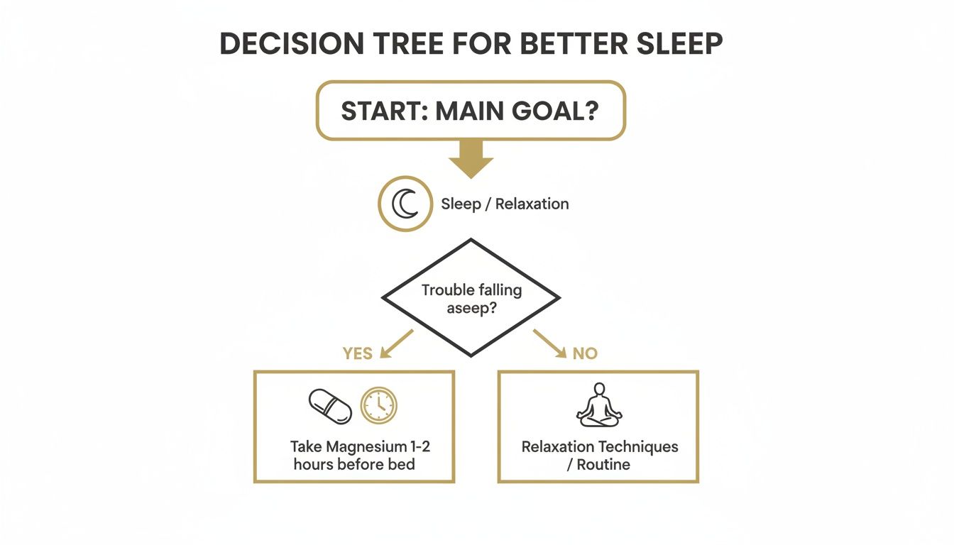 A decision tree flowchart illustrating steps for better sleep, suggesting magnesium or relaxation techniques.
