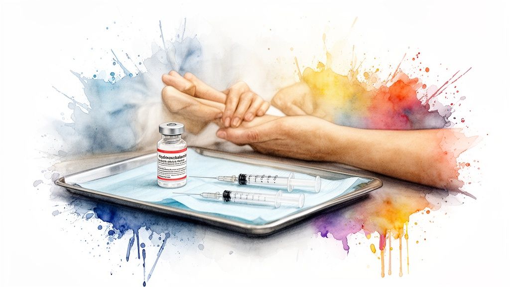 Vitamin B12 vial and syringes on a medical tray with a patient and doctor interacting.