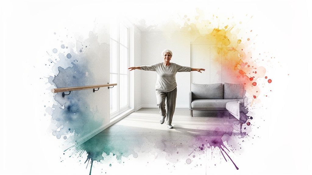 Senior woman practices balance exercise, standing on one leg with outstretched arms.