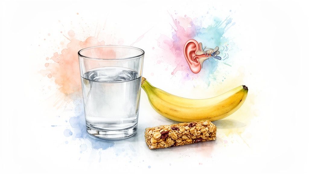 Healthy food and drink for ear health and balance, with water, a banana, and a granola bar.