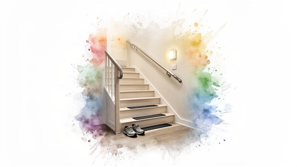 Watercolor art of a well-lit wooden staircase with a handrail, non-slip mats, and sneakers.