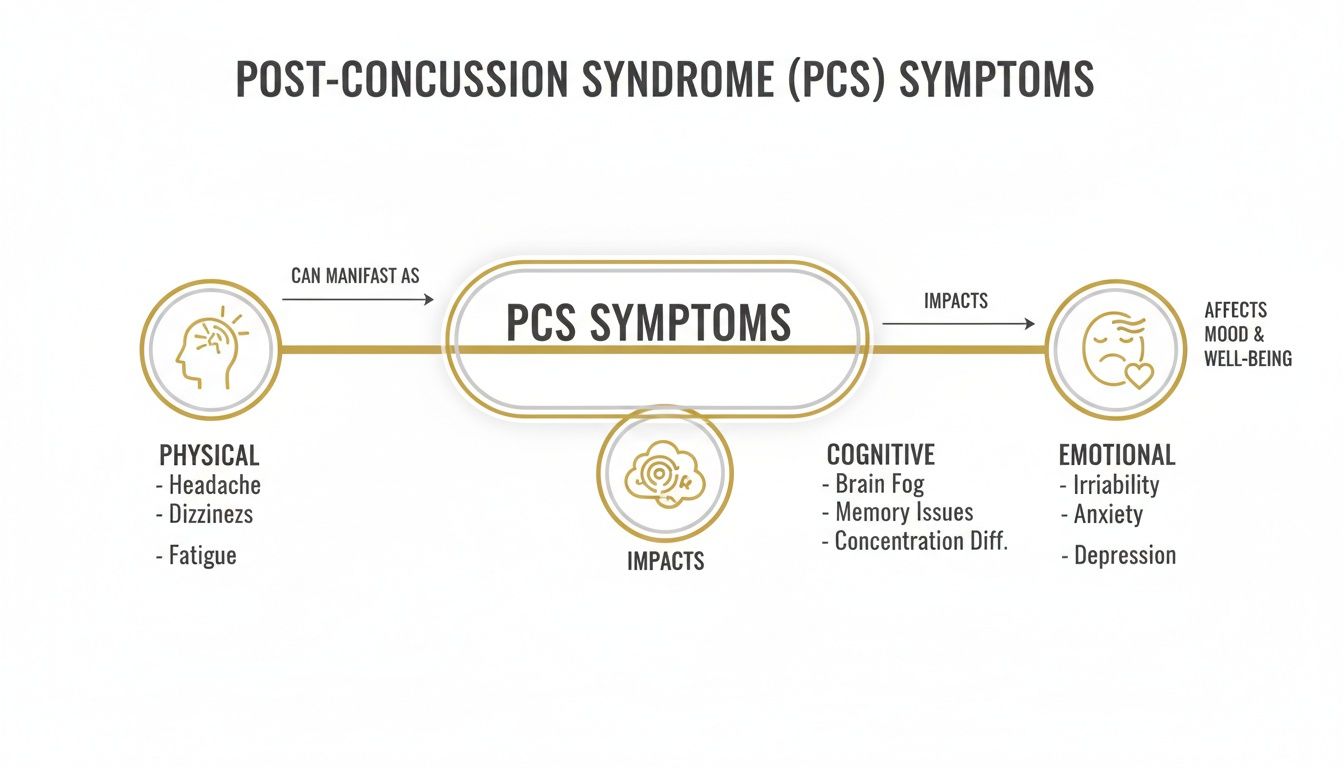 Infographic showing Post-Concussion Syndrome (PCS) symptoms: physical, cognitive, and emotional impacts.