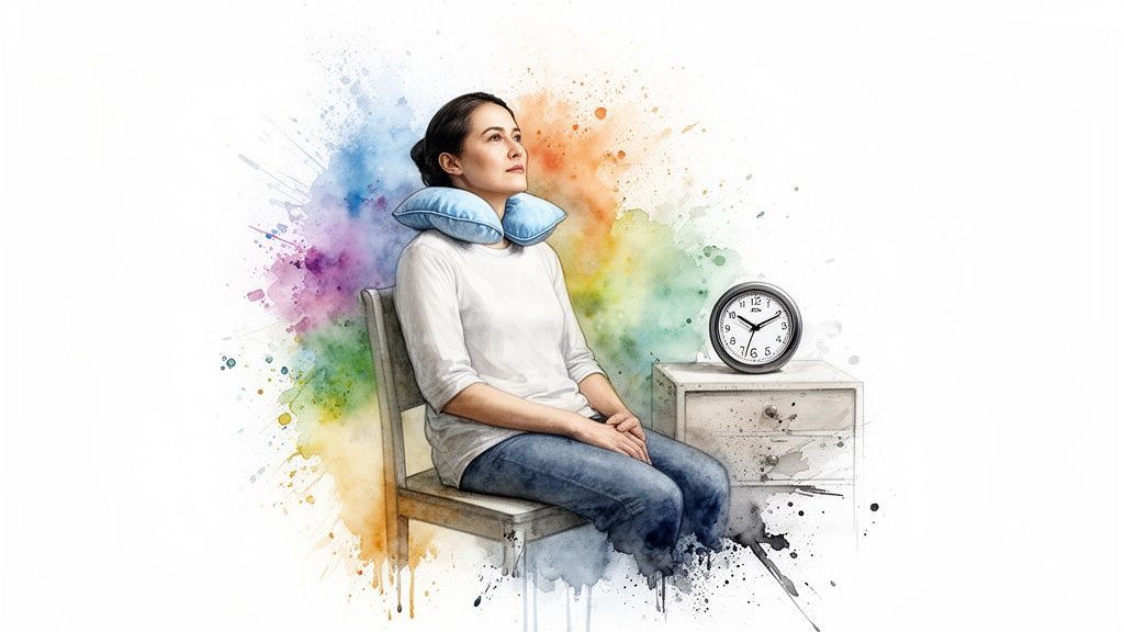A woman with a neck pillow sits thoughtfully, looking up, against a colorful watercolor background.