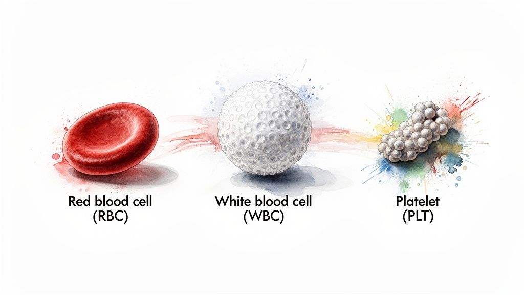 Watercolor illustration showing a red blood cell, a golf ball representing a white blood cell, and aggregated spheres for platelets.
