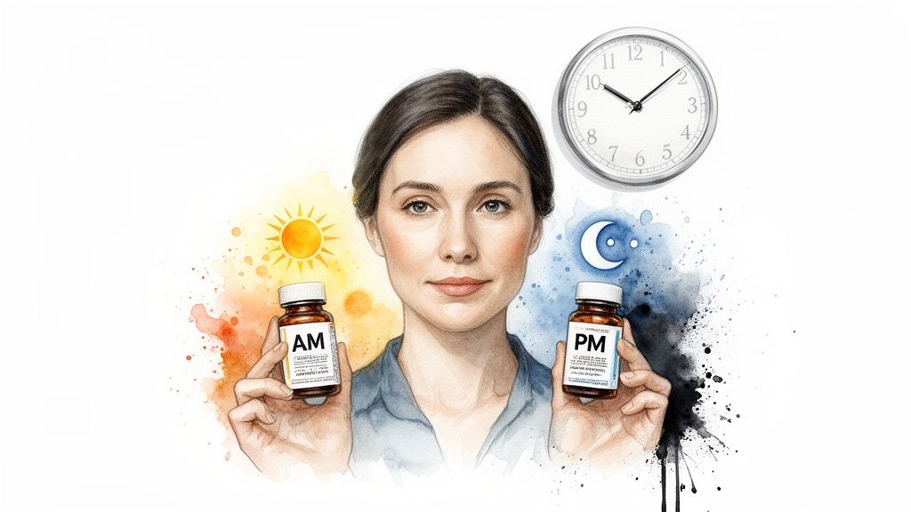 Woman holds AM and PM pill bottles with sun, moon, and a clock, indicating timed medication.