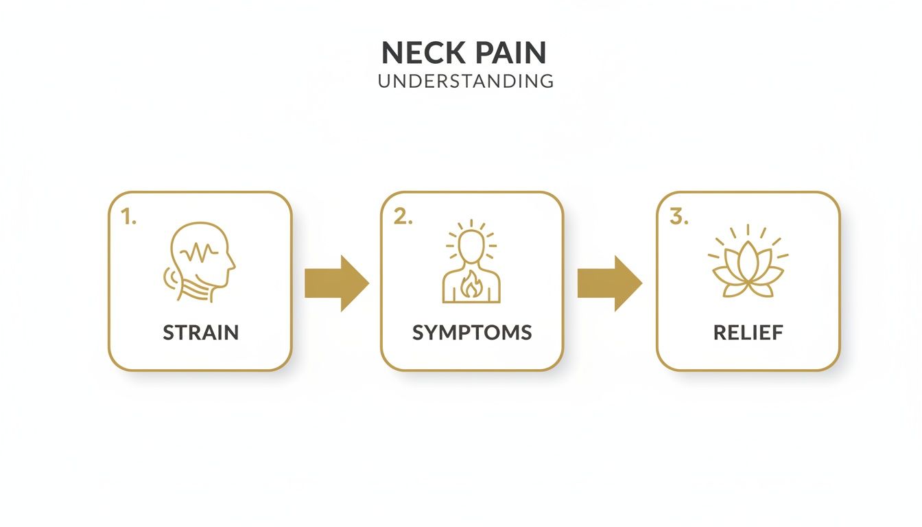 A three-step diagram visually explaining neck pain, from strain to symptoms and finally relief.