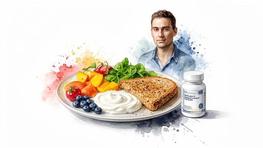 Watercolor illustration of a man with a healthy meal plate of fruit, toast, greens, and a supplement bottle.