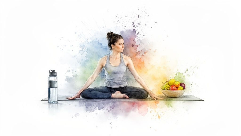 Woman meditating on a yoga mat, surrounded by a water bottle and a bowl of colorful fruit.