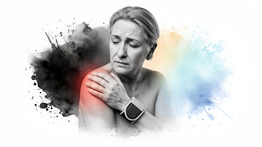 Grayscale woman holding her red, painful shoulder, expressing discomfort, with a wearable device.