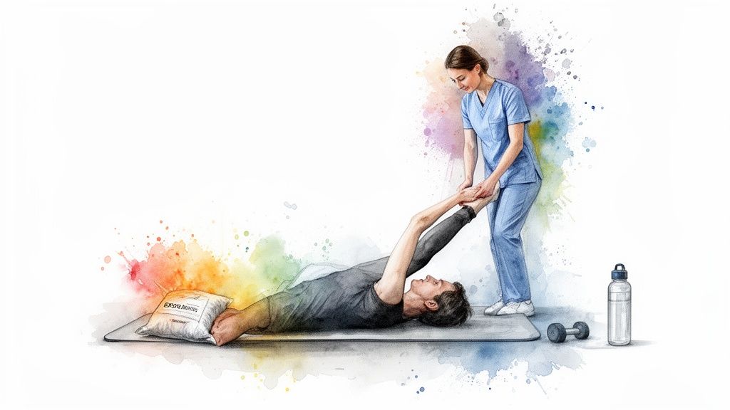A physical therapist assists a man stretching on a mat, focusing on back and leg pain relief.