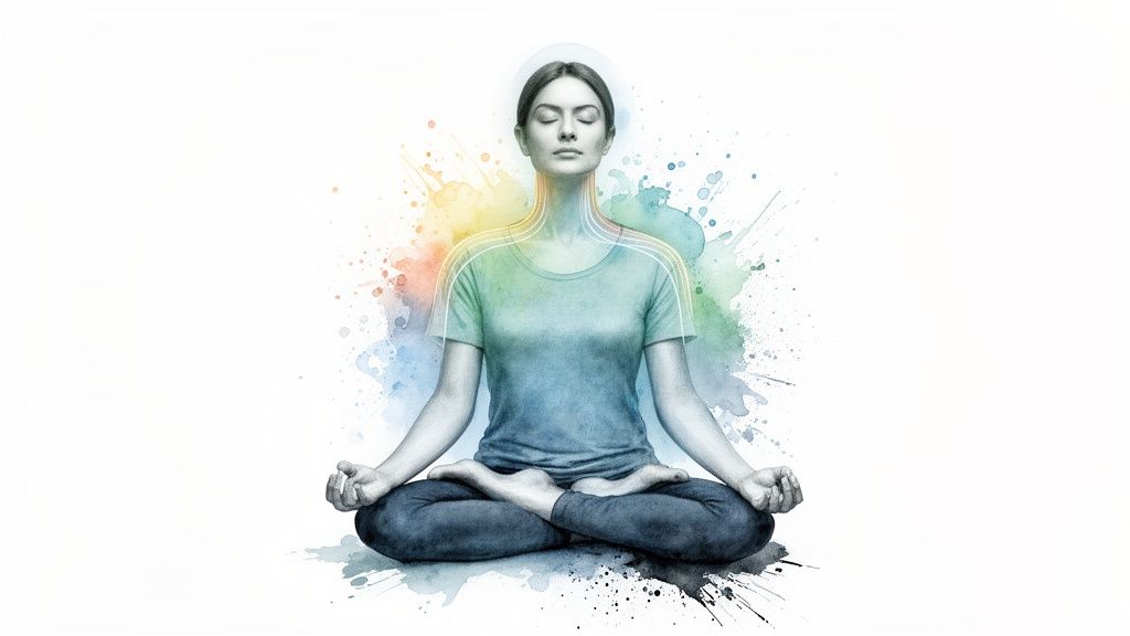 Woman meditating in a lotus position, surrounded by vibrant, spiritual watercolor art.
