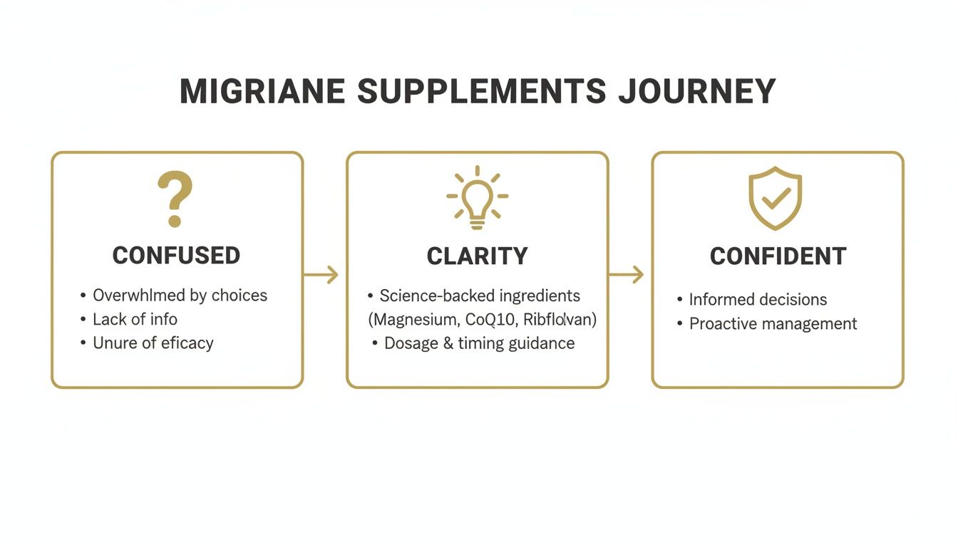Migraine supplements journey: from confusion about choices to clarity with science-backed ingredients and confident management.