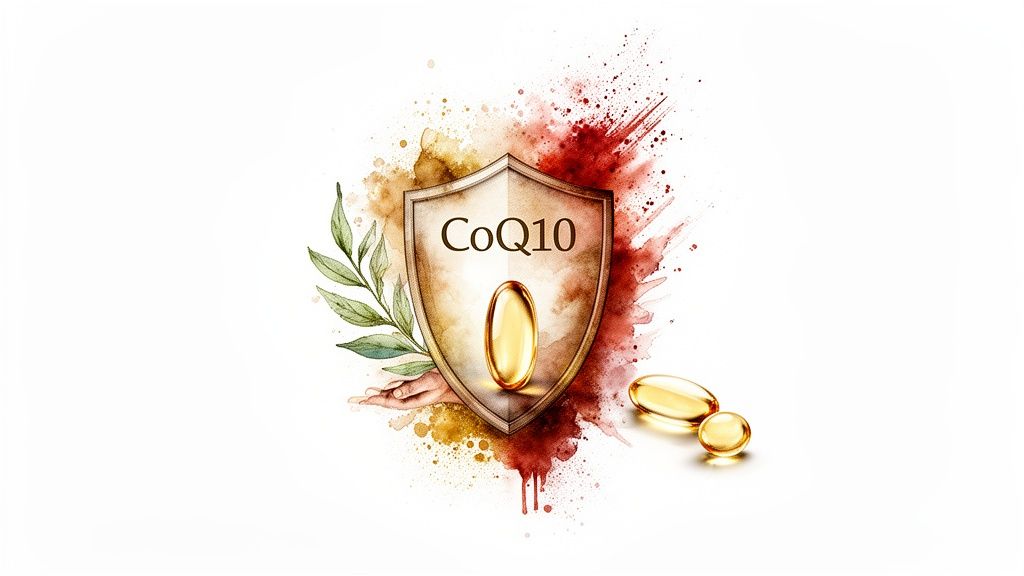 CoQ10 supplements illustrated with a shield, golden capsules, and natural leaves on a watercolor splash.