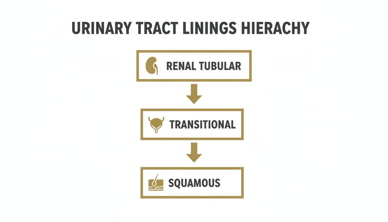 Hierarchy of urinary tract linings, showing renal tubular, transitional, and squamous cells in order.