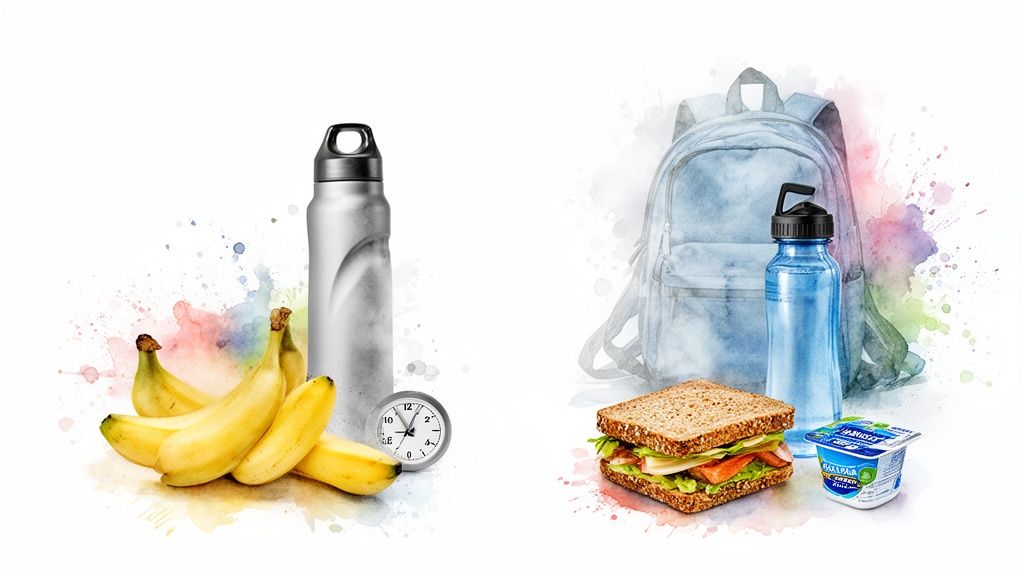 Healthy snacks and hydration for young athletes: bananas, water bottles, sandwich, and yogurt with a backpack.