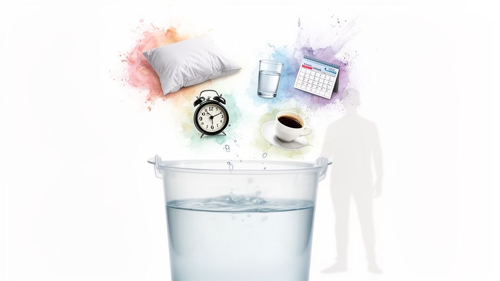 Daily routine items like a pillow, alarm clock, water, coffee, and calendar falling into a bucket.