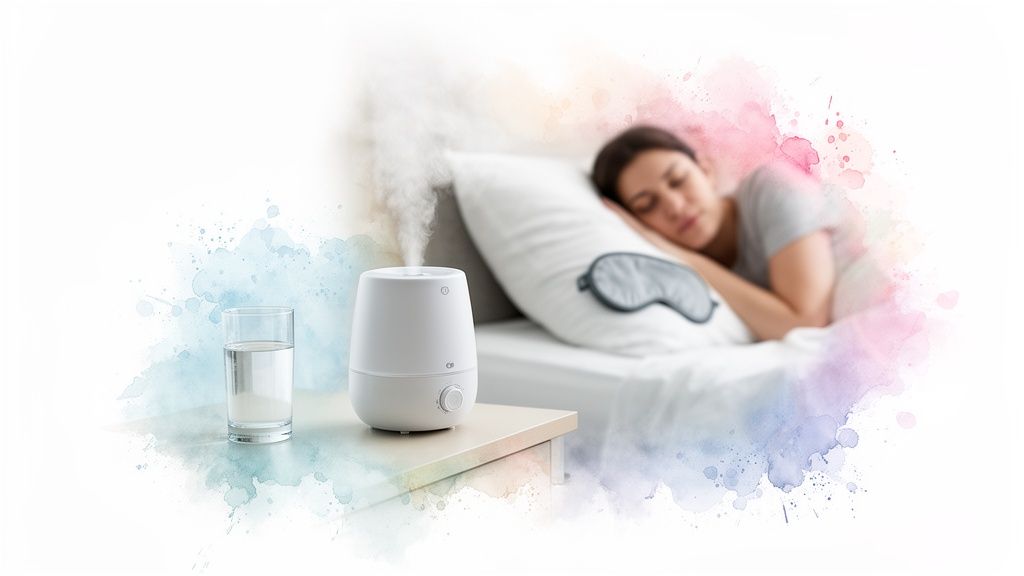 A humidifier emitting mist and a glass of water on a nightstand beside a sleeping woman.