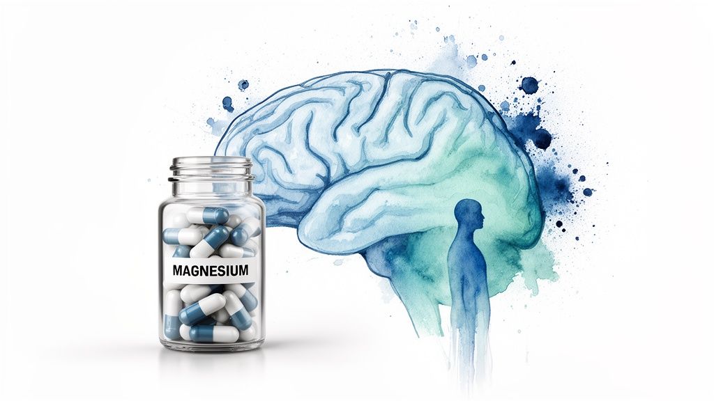 A bottle of magnesium pills next to a watercolor illustration of a human brain and figure.