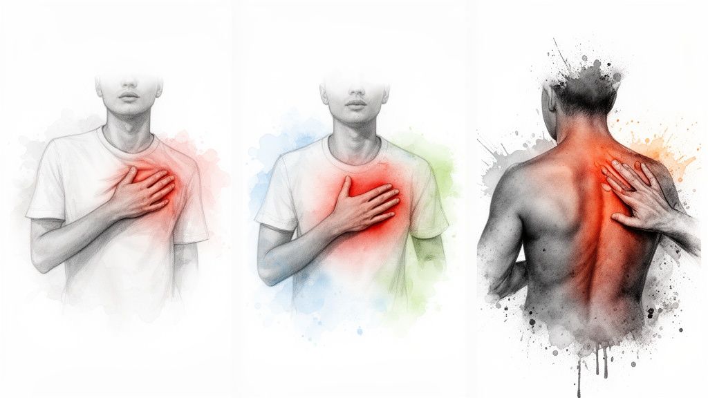 Three artistic illustrations showing a person experiencing chest pain and back pain.
