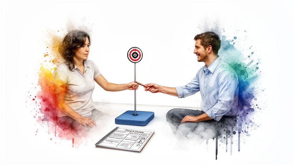 Two people engage in a therapy session, reaching for a target with a stick amidst colorful splashes.