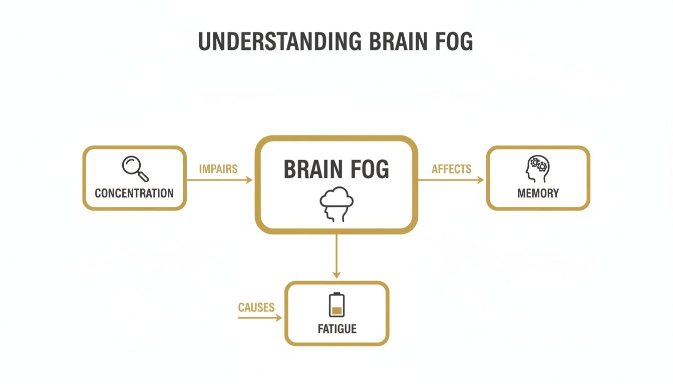 Diagram illustrating the effects of brain fog, showing it impairs concentration, affects memory, and causes fatigue.
