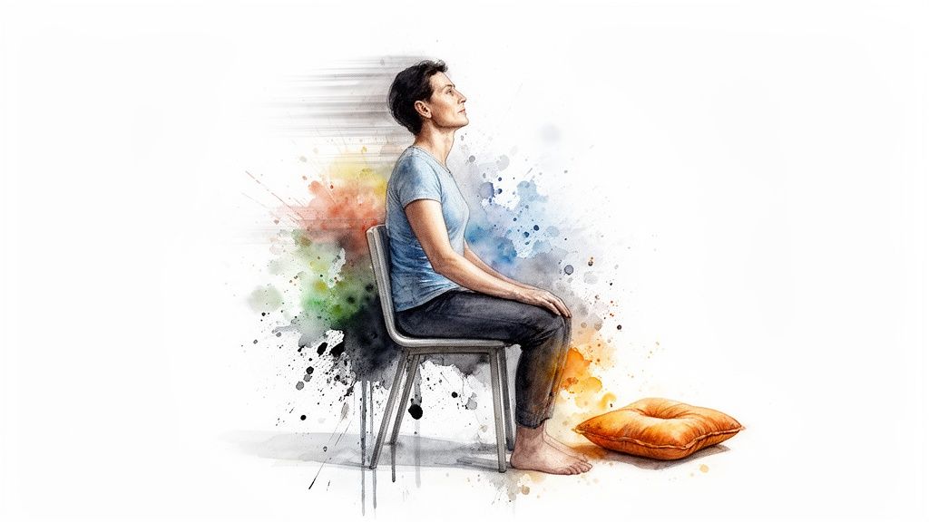 Watercolor illustration of a woman sitting on a chair, looking up, with a colorful artistic background.